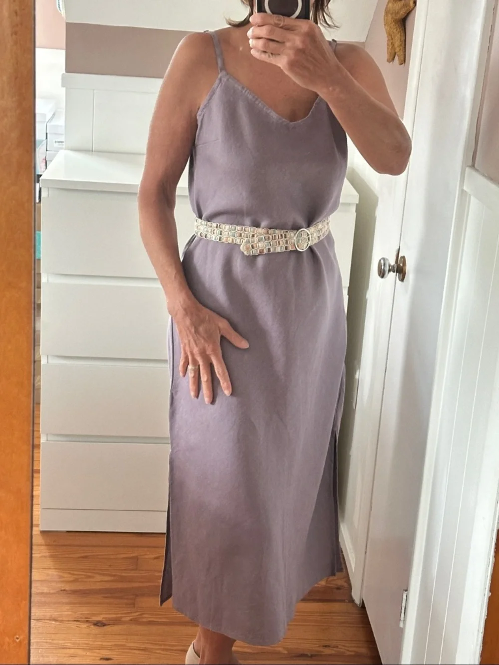 Garnet Hill Linen Lavender-Mauve Slip Midi Dress, purple linen summer dress - Picture 12 of 14